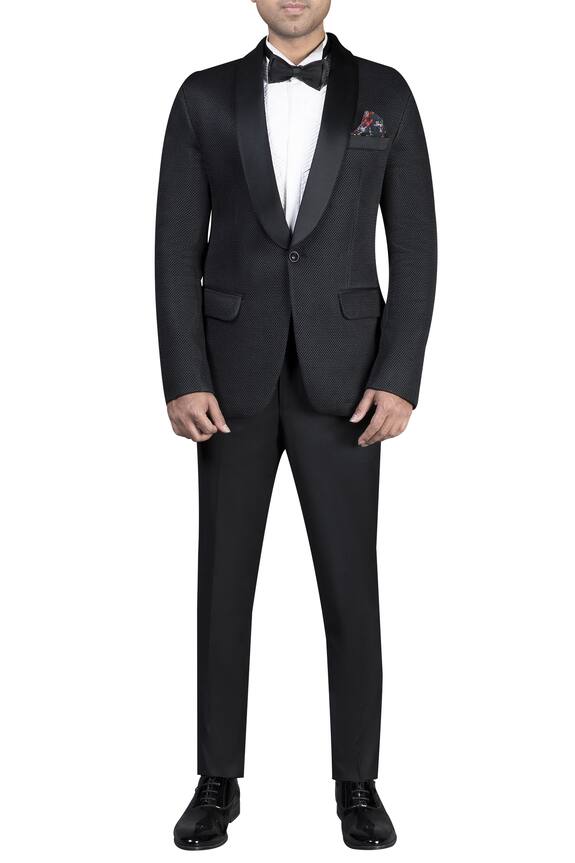 Nivedita Saboo Black Self Textured Button Jacket With Shirt ,trousers And Bow Tie 0