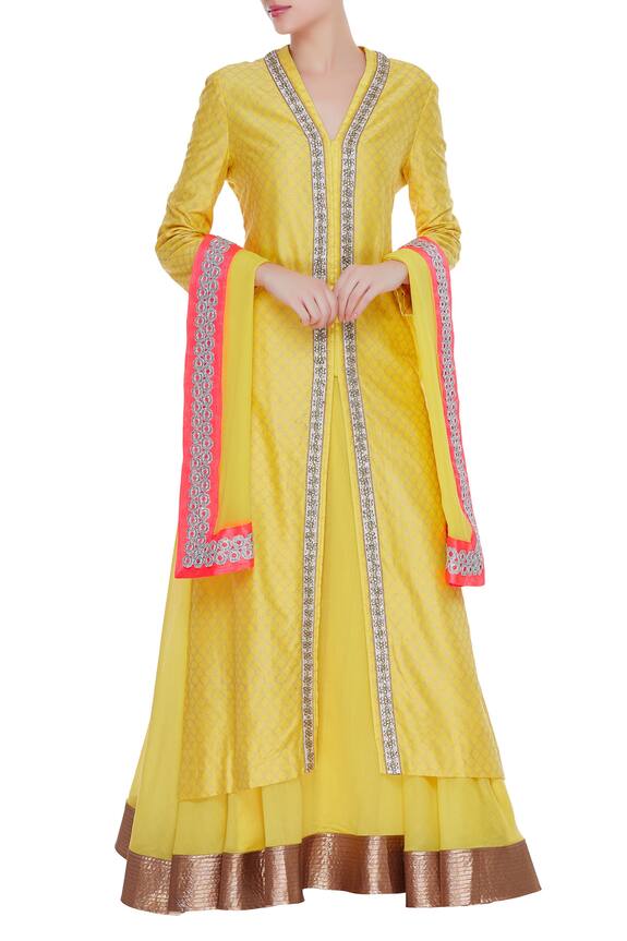 Kommal Sood Yellow Pure Chanderi Silk Long Jacket With Skirt And Dupatta 1