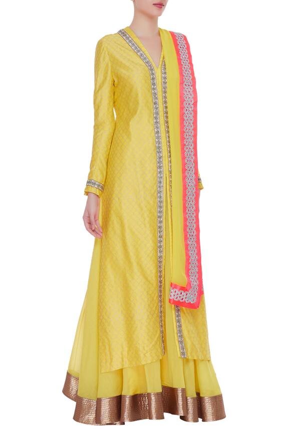 Kommal Sood Yellow Pure Chanderi Silk Long Jacket With Skirt And Dupatta 3
