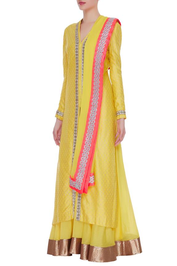 Kommal Sood Yellow Pure Chanderi Silk Long Jacket With Skirt And Dupatta 4