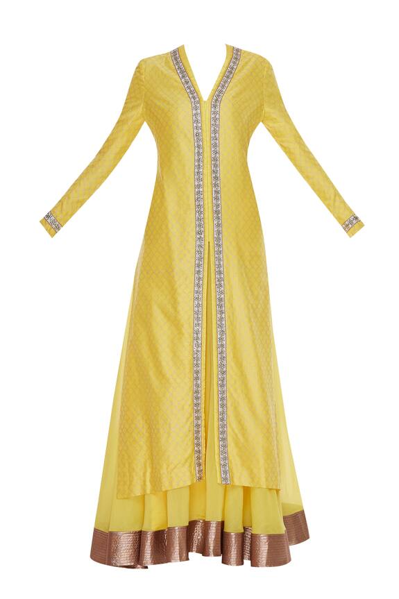 Kommal Sood Yellow Pure Chanderi Silk Long Jacket With Skirt And Dupatta 5