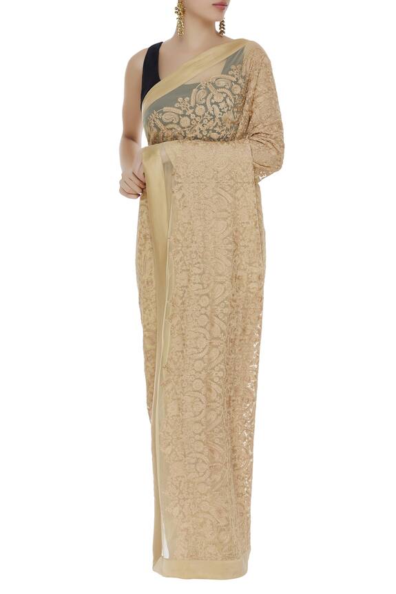 Kommal Sood Beige Floral Thread Embroidered Net And Georgette Saree 1