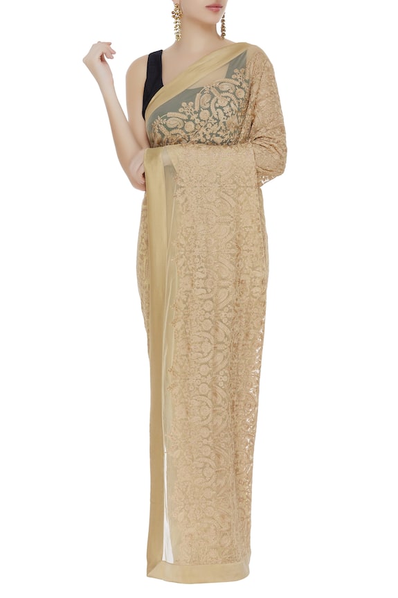 Kommal Sood Beige Floral Thread Embroidered Net And Georgette Saree 3