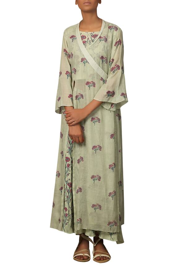Priyam Narayan Green Floral Printed Long Jacket With Crop Top And Skirt 1