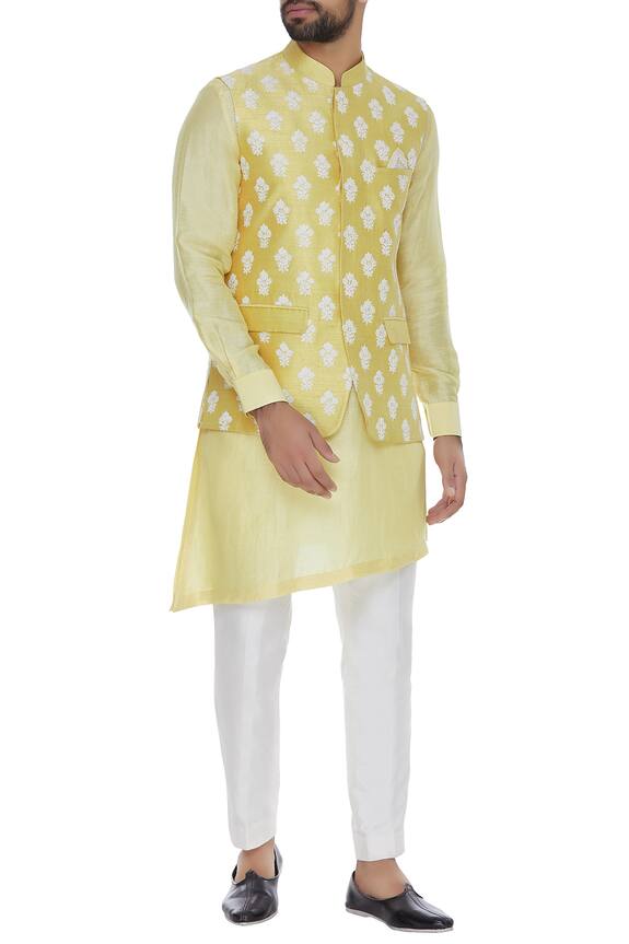 Aqube by Amber Yellow Raw Silk Embroidered Nehru Jacket 0