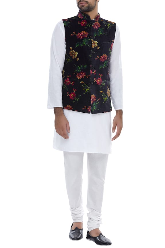 Siddhartha Bansal Black Floral Print Velvet Nehru Jacket 0