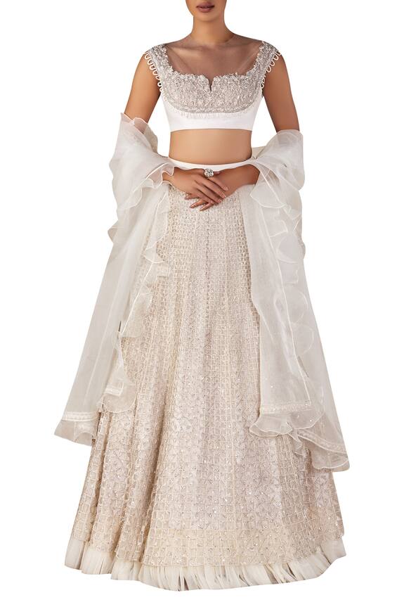 Ridhi Mehra Off White Embellished Blouse With Lehenga And Ruffle Dupatta 0