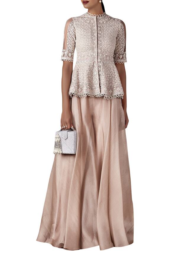 Ridhi Mehra Beige Embroidered Peplum Jacket With Gharara Pants 0