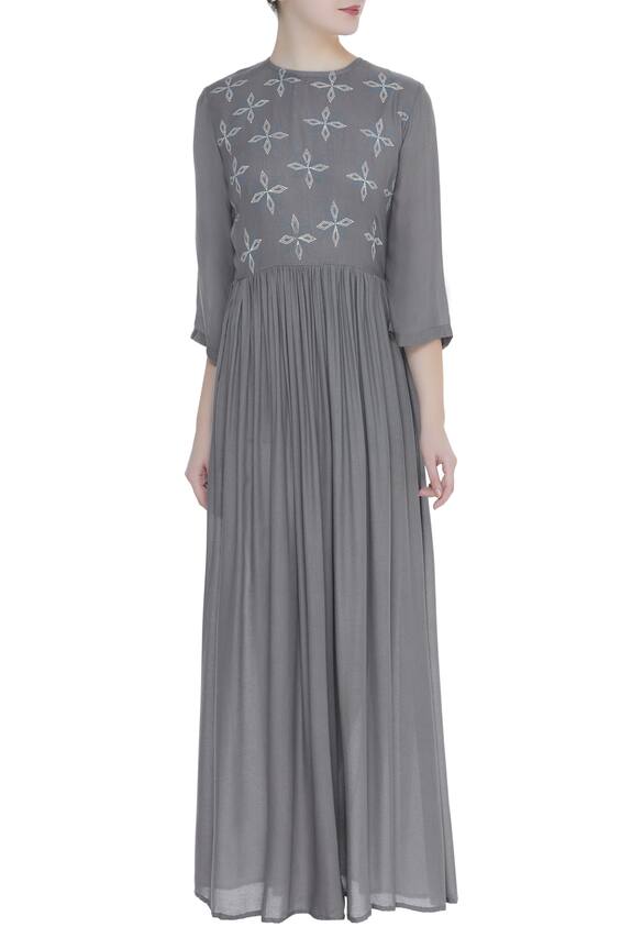 Bohame Grey Block Printed Pleated Maxi Dress 1