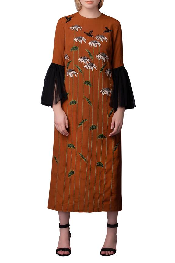 Shahin Mannan Brown Embroidered Midi Dress 0