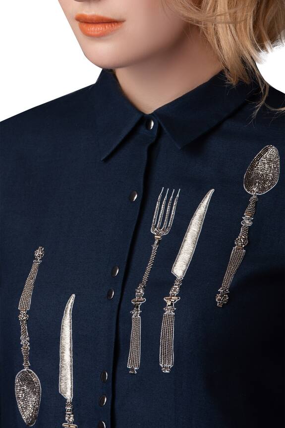 Shahin Mannan Blue Cutlery Embroidery Long Shirt Dress 2