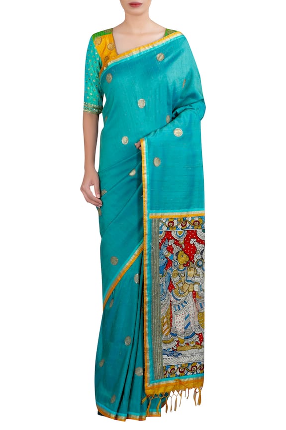 Latha Puttanna Blue Embroidered And Hand Painted Saree With Blouse 3