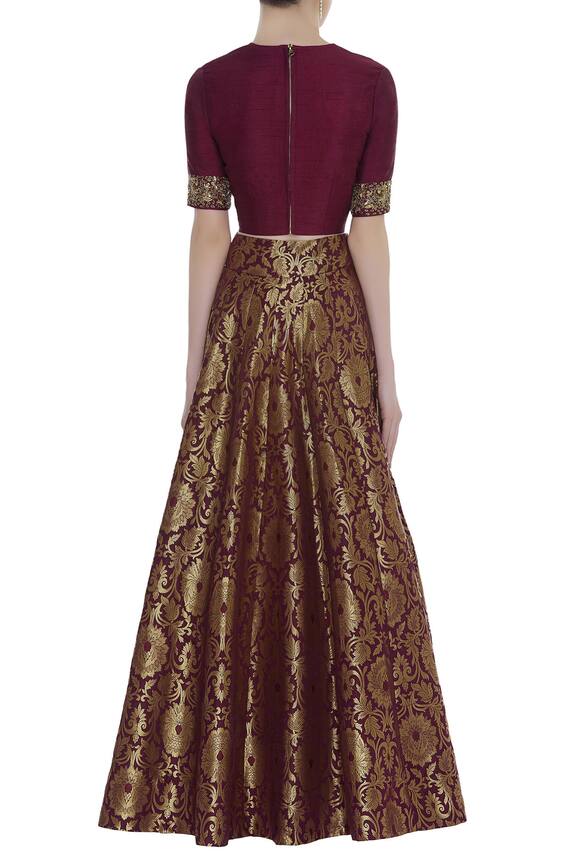 Shop_Ranian_Gold Embroidered Crop Top With Brocade Work Skirt_at_Aza_Fashions