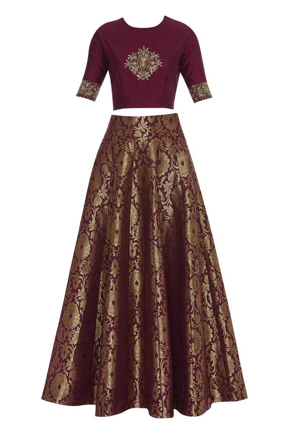 Buy_Ranian_Gold Embroidered Crop Top With Brocade Work Skirt_Online_at_Aza_Fashions