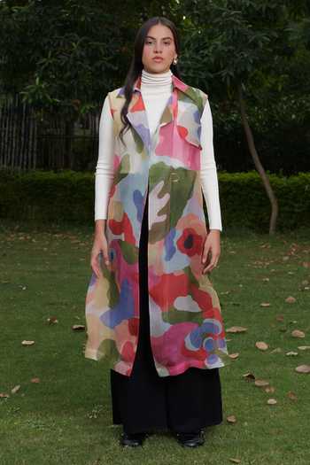 Buy Ode To Odd Multi Color Silk Organza Notched Collar Trench Coat ...