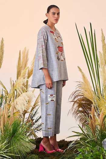 Buy Shahin Mannan Grey Chambray Crossword Pattern Pant Online Aza 