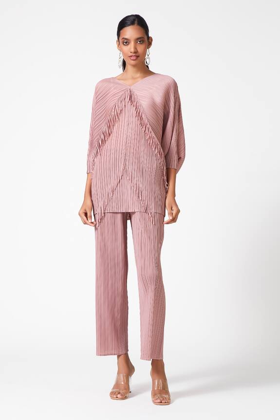 Buy Scarlet Sage Pink Polyester Kimono Pleated Top And Pant Set Online Aza Fashions