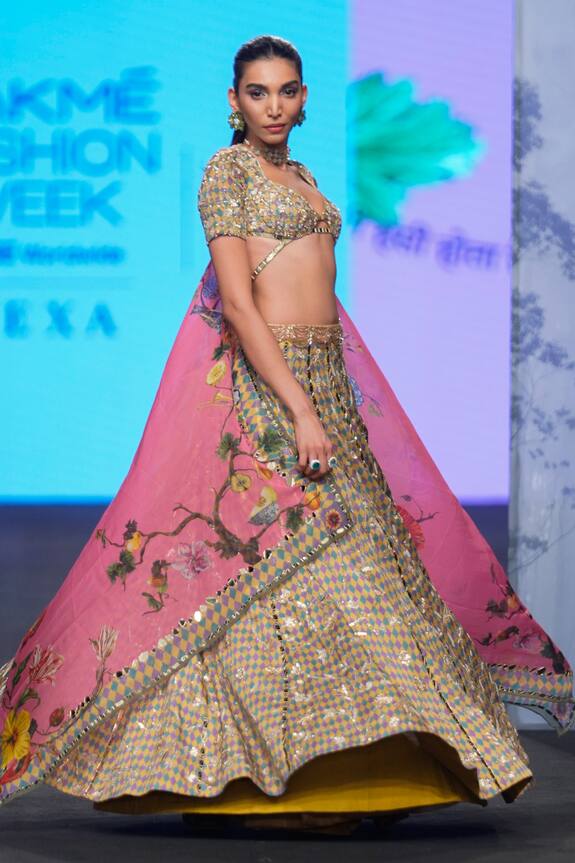 Buy Mahima Mahajan Multi Color Satin Organza Checkered Print Lehenga