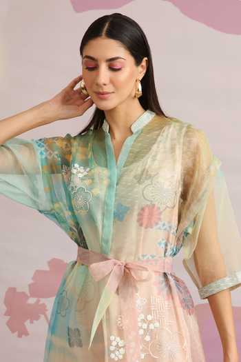 Sakura print dress in stripe organza