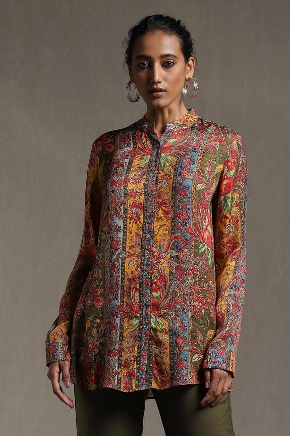 Buy Ritu Kumar Multi Color Dehri Satin Floral Print Shirt Online | Aza ...