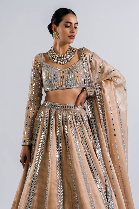 Buy Vvani by Vani Vats Beige Linear Pattern Mirror Work