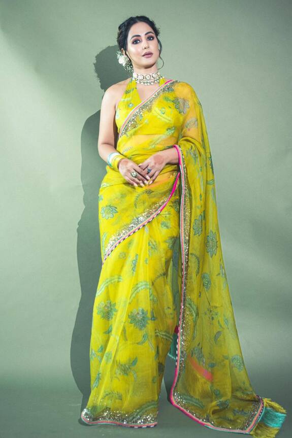 Rajiramniq Yellow Silk Organza Floral Bloom Print Sequin Embellished Saree 0