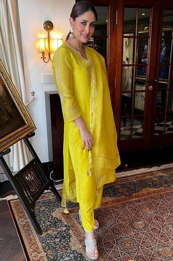 Devnaagri Yellow Chanderi Block Print And Embroidered Kurta Set 0