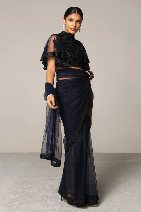 Siddartha Tytler Blue Embellished Net Saree With Blouse 1