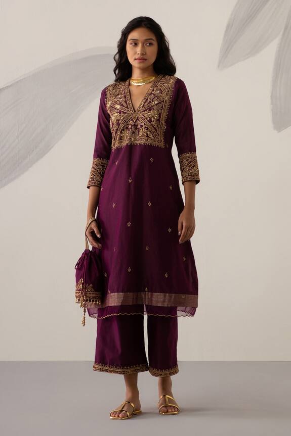 Buy Sureena Chowdhri Purple Silk Chanderi Embroidered Kurta Set Online ...