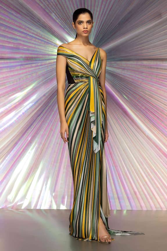 Amit Aggarwal Multi Color Jersey Striped Draped Saree Gown 3