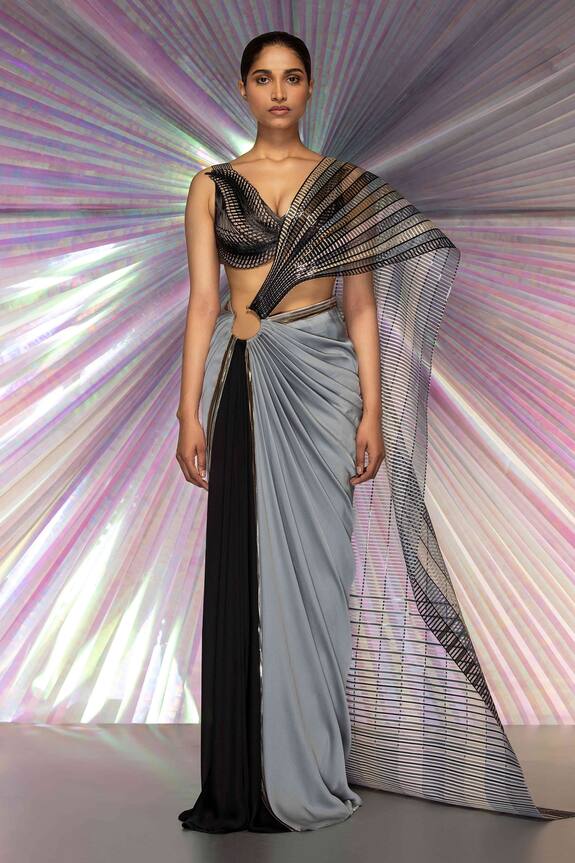 Amit Aggarwal Grey Striped Fabric Structured Saree And Metallic Corded Blouse Set 0
