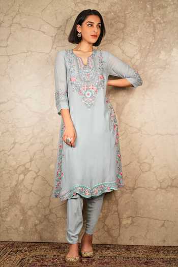 Akriti Beige Handwoven Extra-Weft Slit Neckline Kurta main image 1