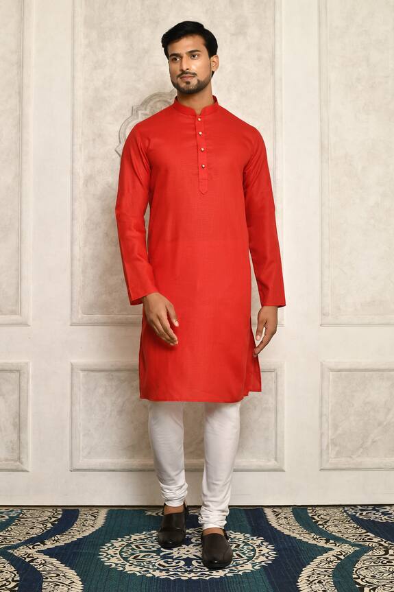 Buy Aryavir Malhotra Red Cotton Mandarin Collar Kurta Set Online Aza