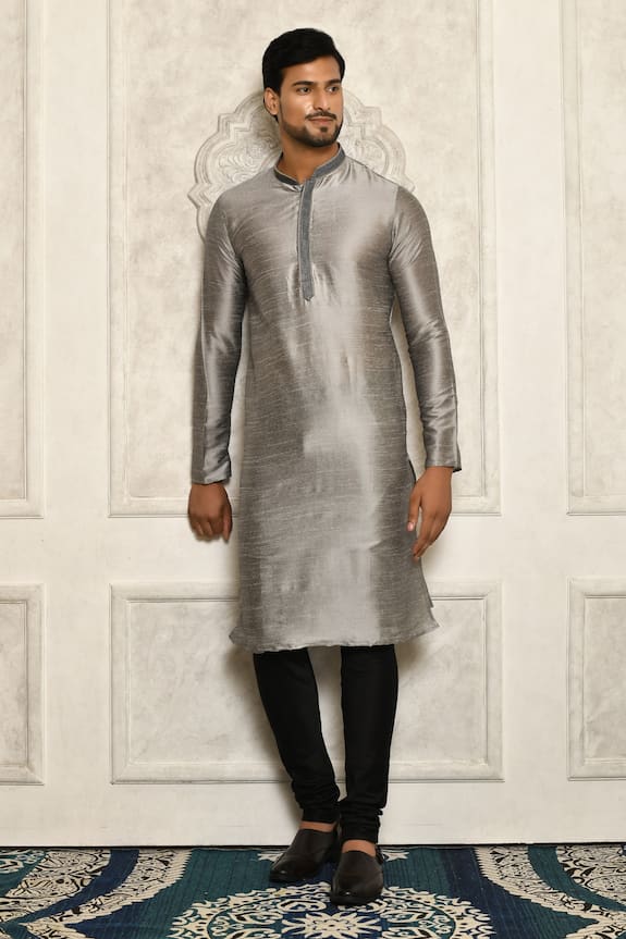 Buy Aryavir Malhotra Grey Dupion Art Silk Thread Embroidered Mandarin ...