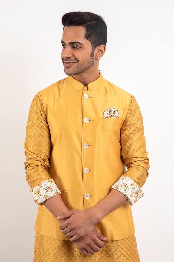 Arjan Dugal Yellow Handwoven Chanderi Silk Nehru Jacket 0