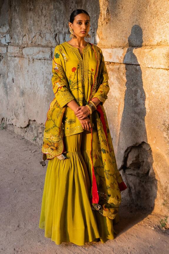 Archana Jaju Yellow Silk Chiffon Kalamkari Kurta Sharara Set 1