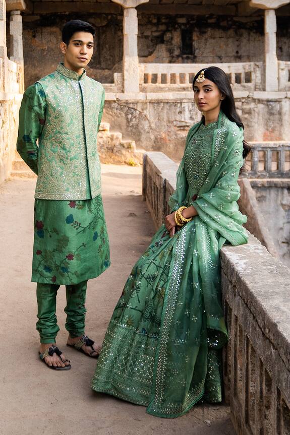 Archana Jaju Green Raw Silk Embroidered Bundi And Kalamkari Kurta Set 4