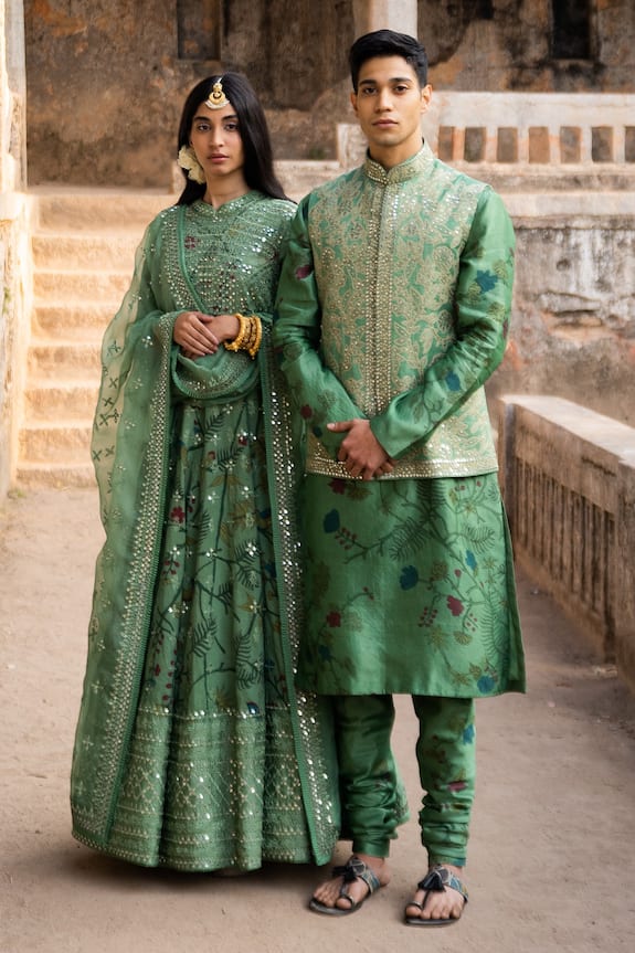 Archana Jaju Green Raw Silk Embroidered Bundi And Kalamkari Kurta Set 5