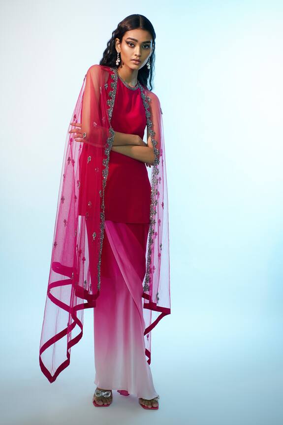 Anjali Kanwar Fuchsia Silk Satin Embroidered Cape Skirt Set 1