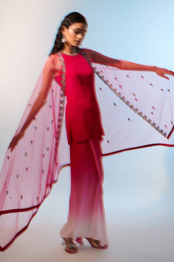 Anjali Kanwar Fuchsia Silk Satin Embroidered Cape Skirt Set 2
