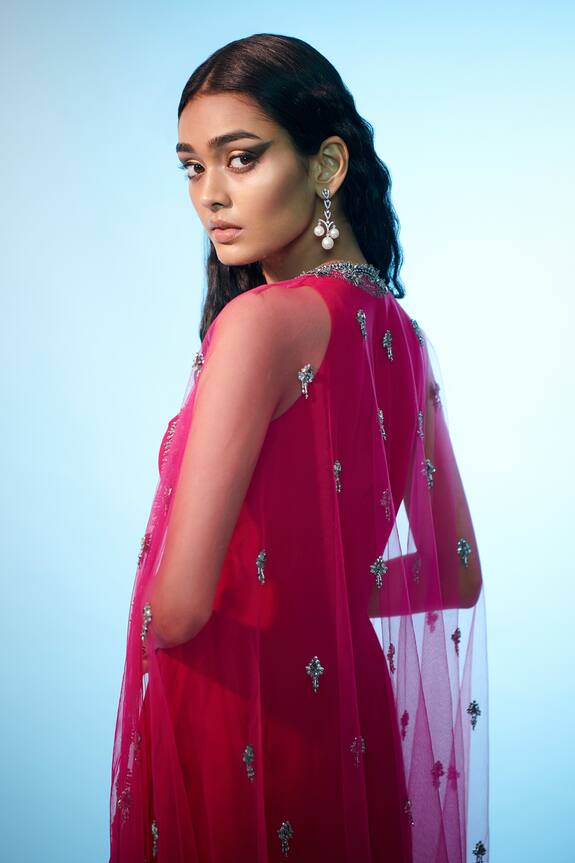 Anjali Kanwar Fuchsia Silk Satin Embroidered Cape Skirt Set 3