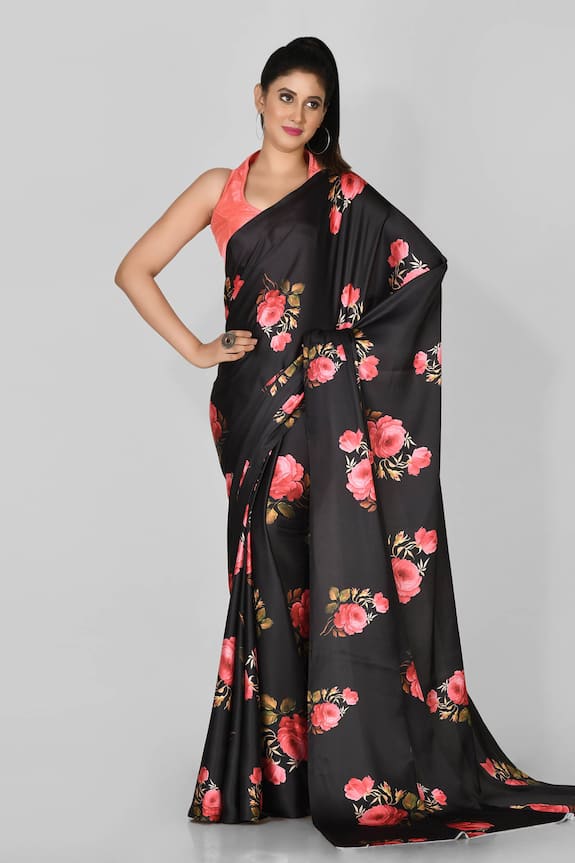 Naintara Bajaj Black Satin Floral Print Saree 1