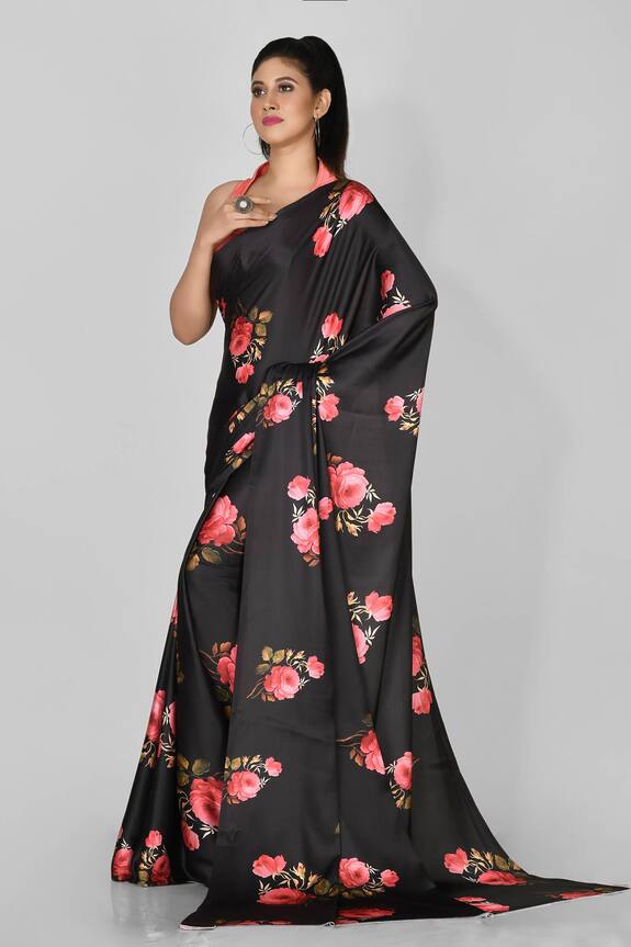 Naintara Bajaj Black Satin Floral Print Saree 3