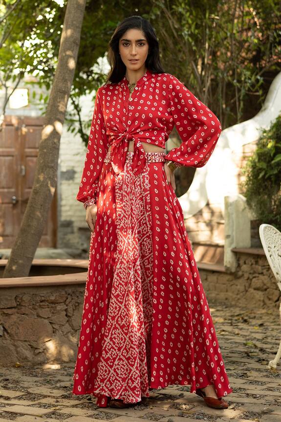 Buy_Basanti - Kapde Aur Koffee_Red Modal Satin Bandhani Print Lehenga Set_at_Aza_Fashions