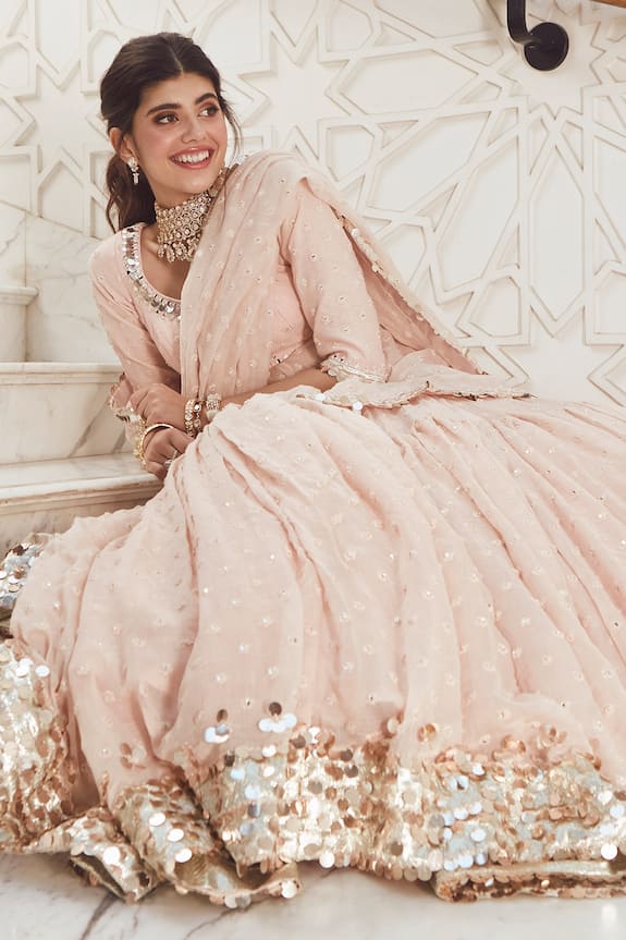 Abhinav Mishra Pink Cotton Chanderi Mulmul Mirror Embroidered Peplum Lehenga Set 3