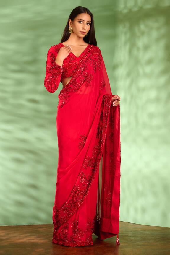 Aman Takyar Red Georgette Saree And Blouse Set 1