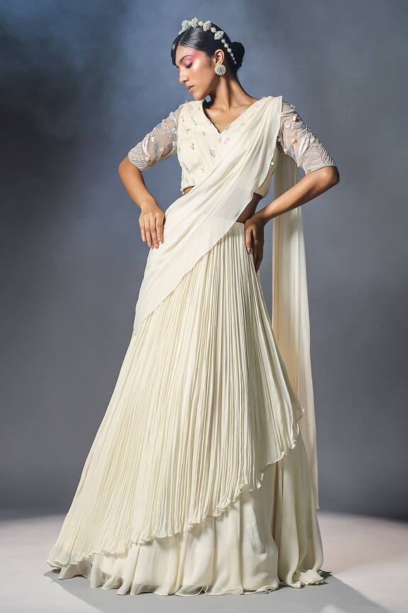 Isha Gupta Tayal White Georgette Pre-stitched Lehenga Saree With Blouse 1