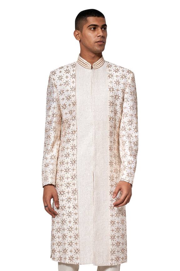 Amaare White Raw Silk Embroidered Sherwani Set 0