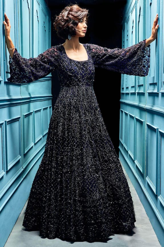 Angad Singh Blue Net Sequin Embellished Gown 1