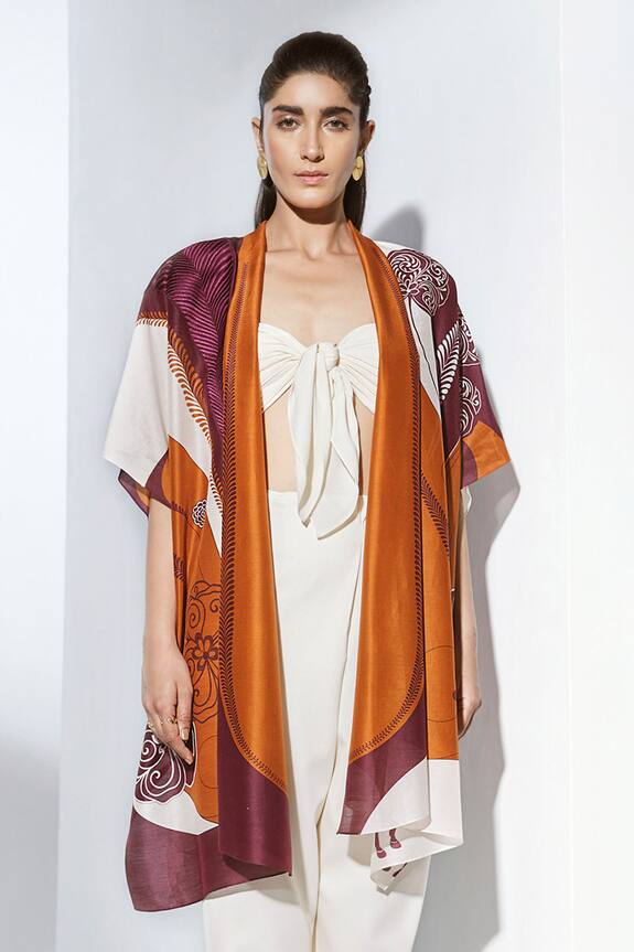 AMPM Brown Chanderi Printed Cape 0